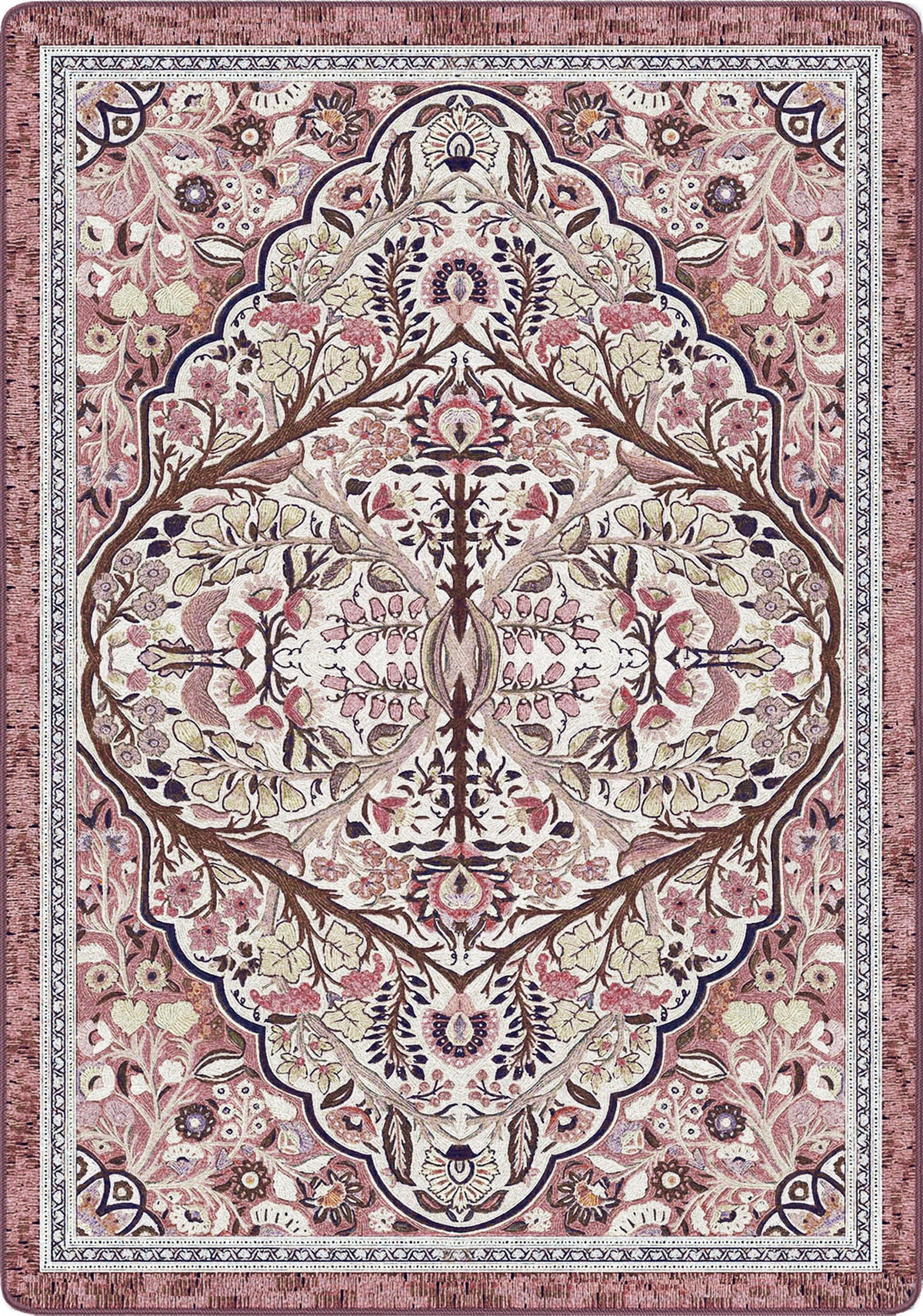 Decorative rug with intricate floral and geometric pattern on a pink background inspired by a rosy fae circle perfect for a the girliest part of you, booktok, she-shed, makers room, druid spaces