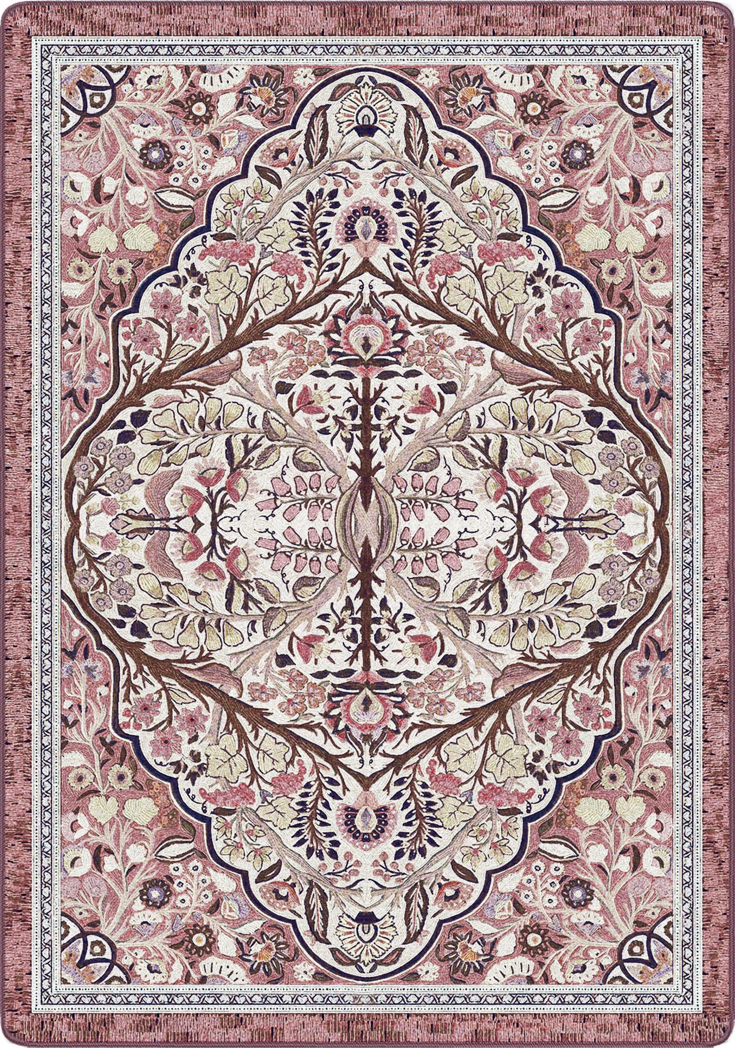 Decorative rug with intricate floral and geometric pattern on a pink background inspired by a rosy fae circle perfect for a the girliest part of you, booktok, she-shed, makers room, druid spaces