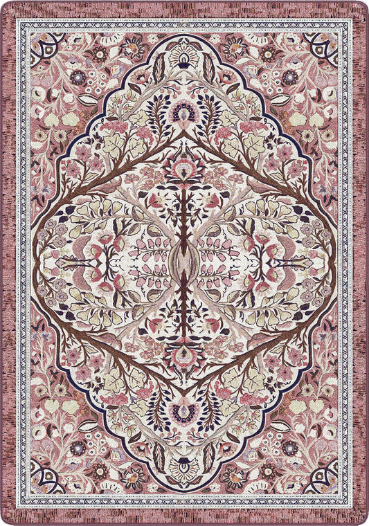 Decorative rug with intricate floral and geometric pattern on a pink background inspired by a rosy fae circle perfect for a the girliest part of you, booktok, she-shed, makers room, druid spaces