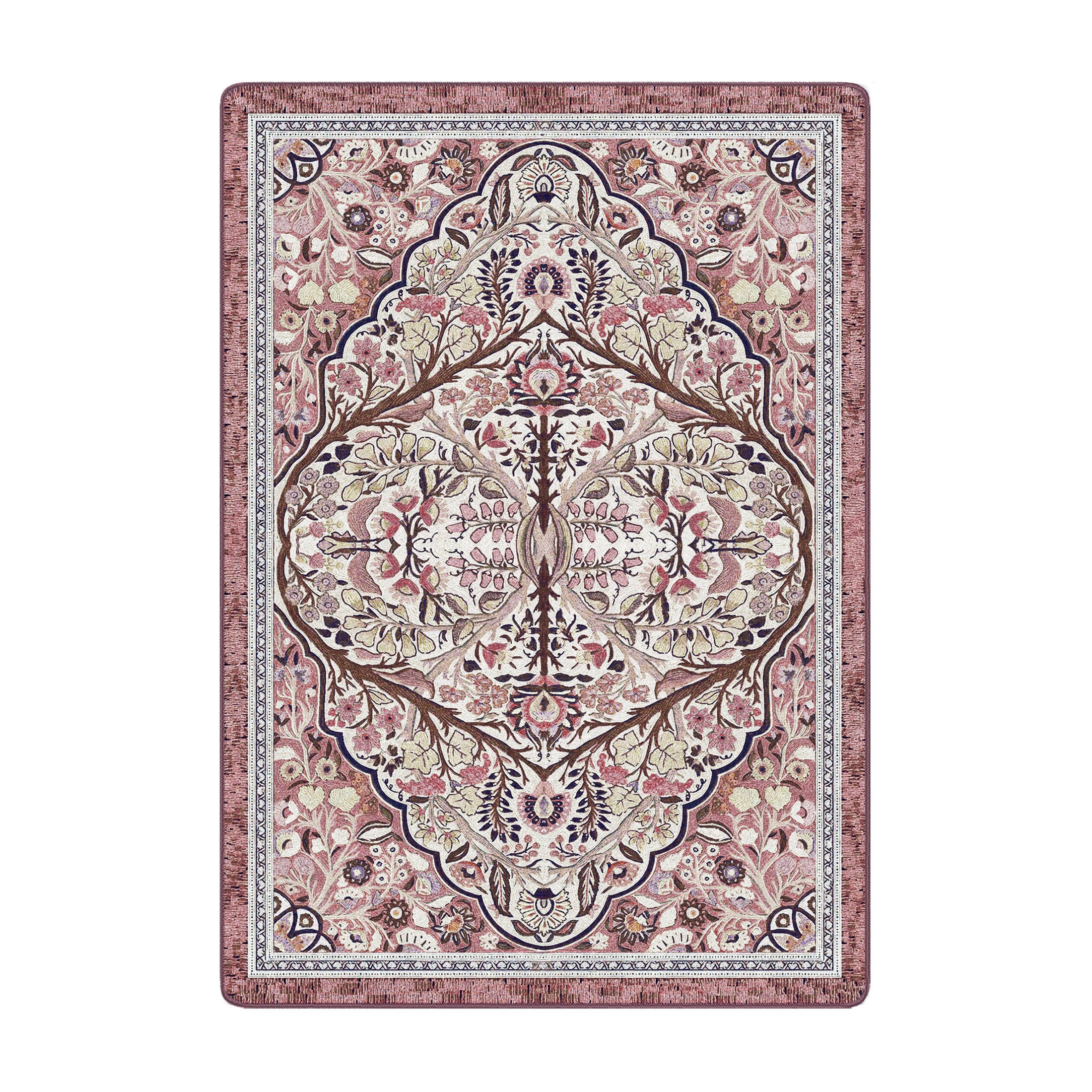 5x8 area rug with a symmetrical floral design in soft rose, cream, and green tones, inspired by nature and druidic magic