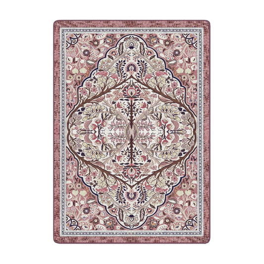 5x8 area rug with a symmetrical floral design in soft rose, cream, and green tones, inspired by nature and druidic magic