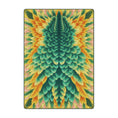 Load image into Gallery viewer, The Couatl Hide Rug in 5x8 size with vibrant feathered pattern in emerald, gold, and pink, inspired by celestial serpents
