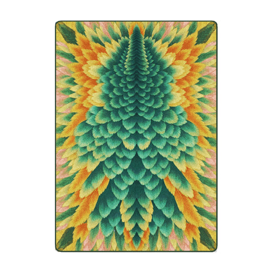 The Couatl Hide Rug in 5x8 size with vibrant feathered pattern in emerald, gold, and pink, inspired by celestial serpents