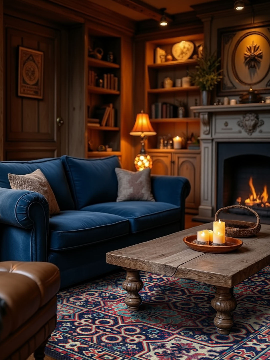 A warm, wood-paneled library with a glowing fireplace and rich blue sofa, grounded by a lore-inspired rug that blends fantasy elegance with classic decor—perfect for cozy TTRPG nights and high-fantasy interiors

