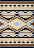 Load image into Gallery viewer, Geometric patterned rug with brown, beige, blue, and black colors on a black background
