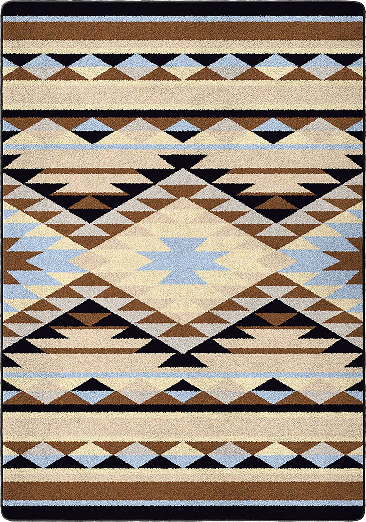 Geometric patterned rug with brown, beige, blue, and black colors on a black background
