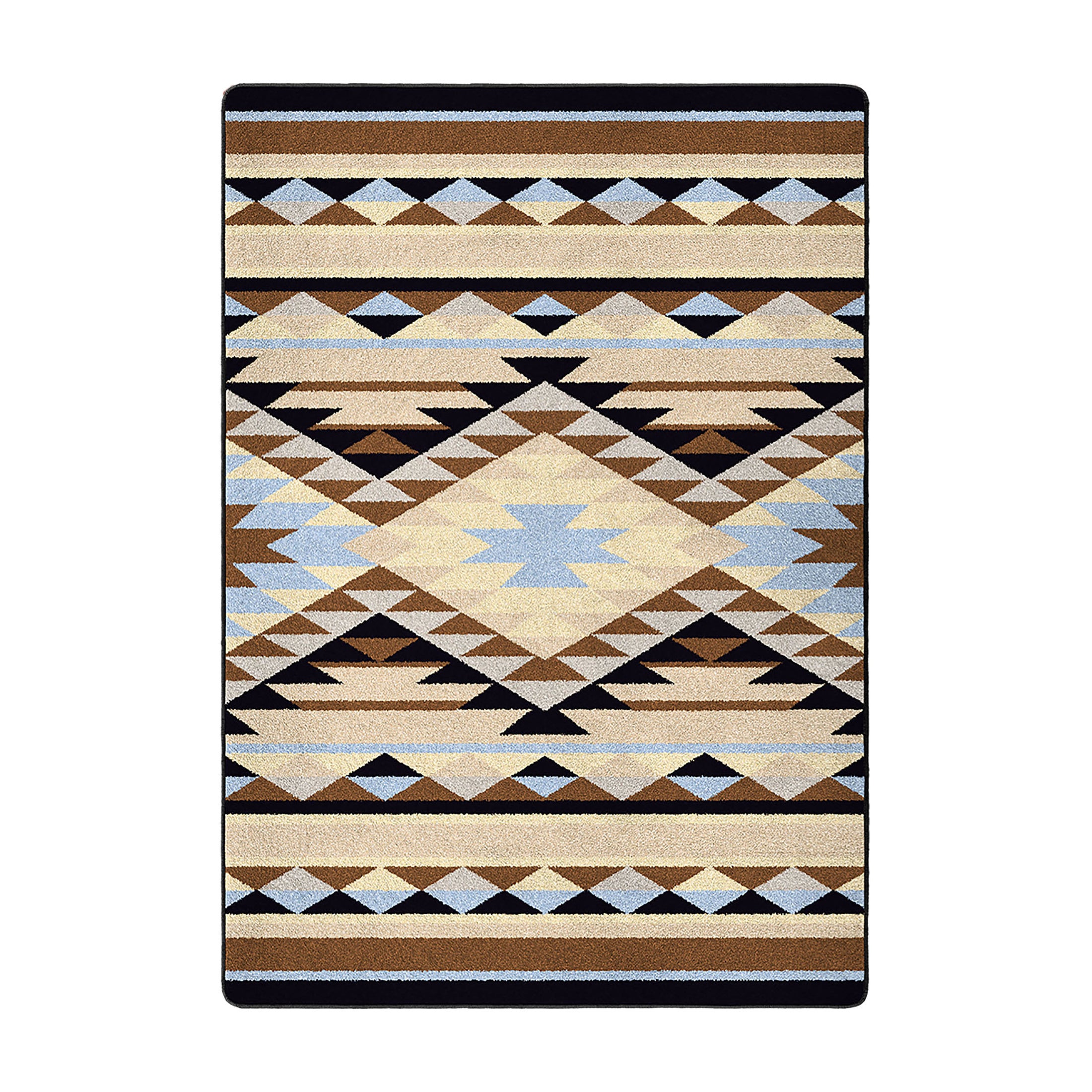5x8 area rug featuring a soft tribal diamond and stripe pattern in sand, light blue, and stone tones, inspired by ancient desert pathways and sky signs