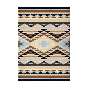 5x8 area rug featuring a soft tribal diamond and stripe pattern in sand, light blue, and stone tones, inspired by ancient desert pathways and sky signs