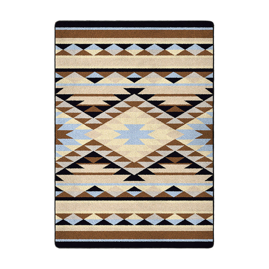 5x8 area rug featuring a soft tribal diamond and stripe pattern in sand, light blue, and stone tones, inspired by ancient desert pathways and sky signs