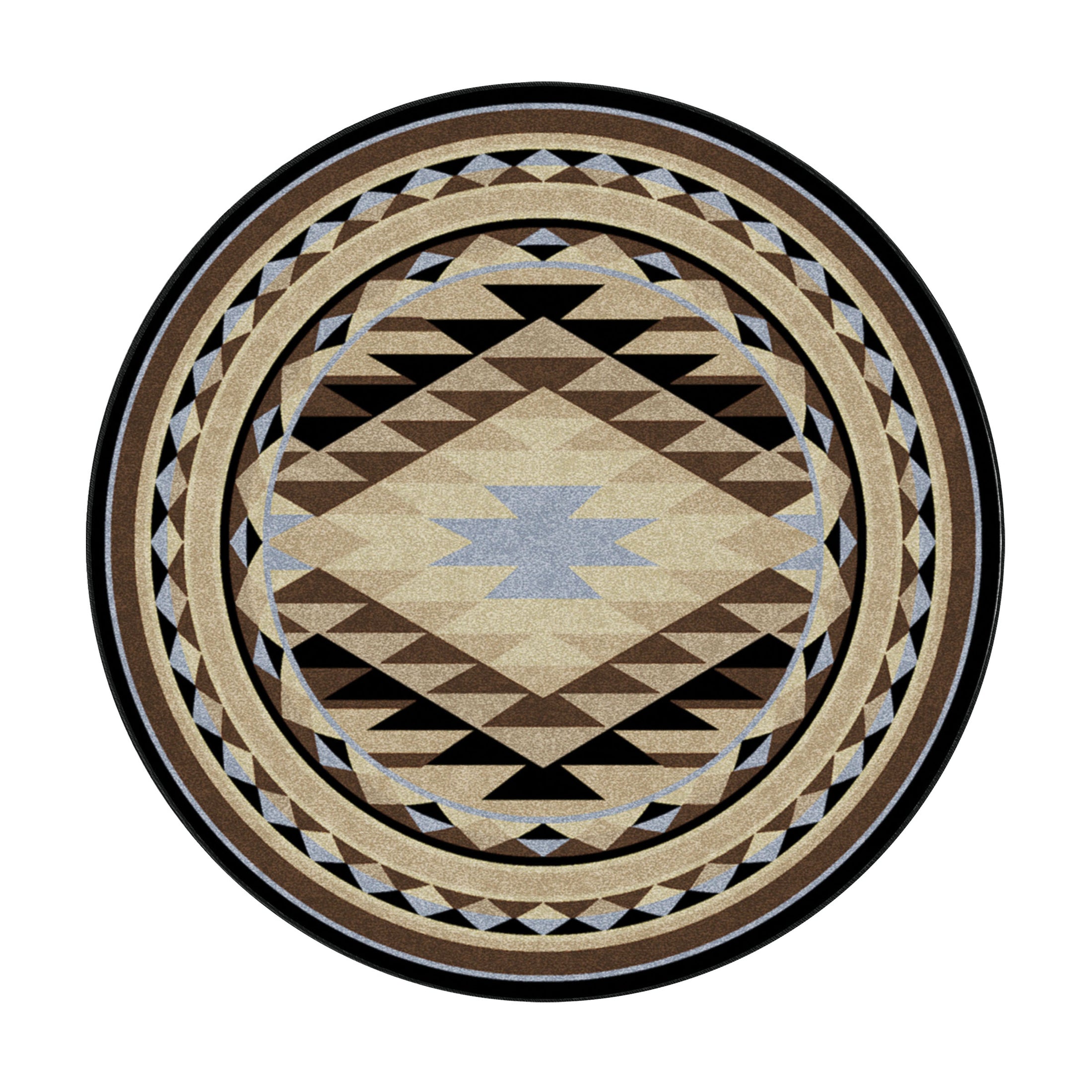 8x8 round version of The Desert’s Oracle rug with a centered diamond medallion pattern in faded desert hues of sand, stone, and sky blue