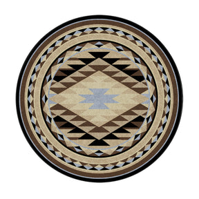 8x8 round version of The Desert’s Oracle rug with a centered diamond medallion pattern in faded desert hues of sand, stone, and sky blue