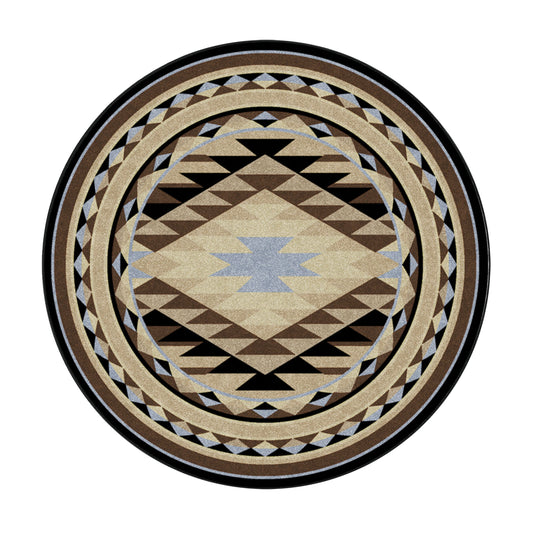 8x8 round version of The Desert’s Oracle rug with a centered diamond medallion pattern in faded desert hues of sand, stone, and sky blue