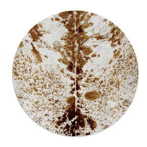 Round Dire Aurochs hide rug with brindle texture, designed to ground the center of a cozy game room