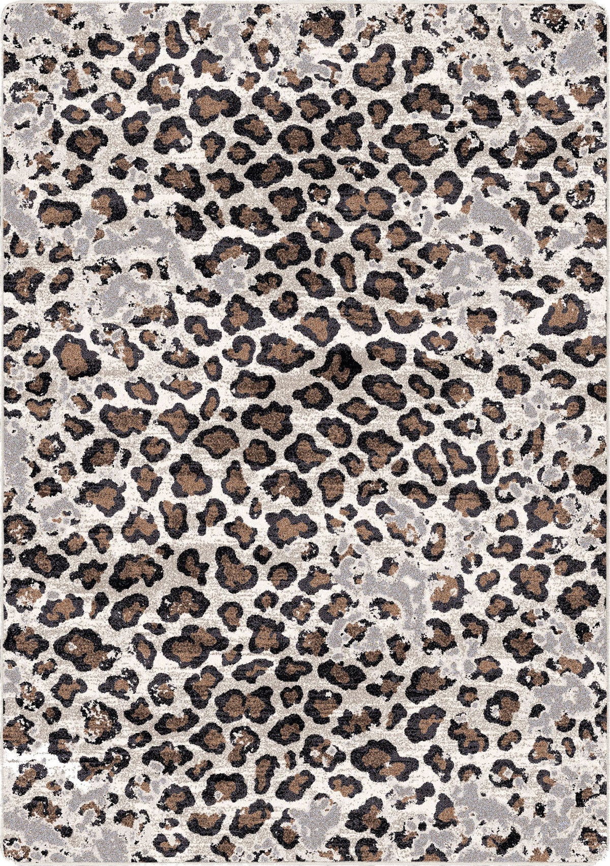 Leopard print rug with brown and black spots on a light gray background