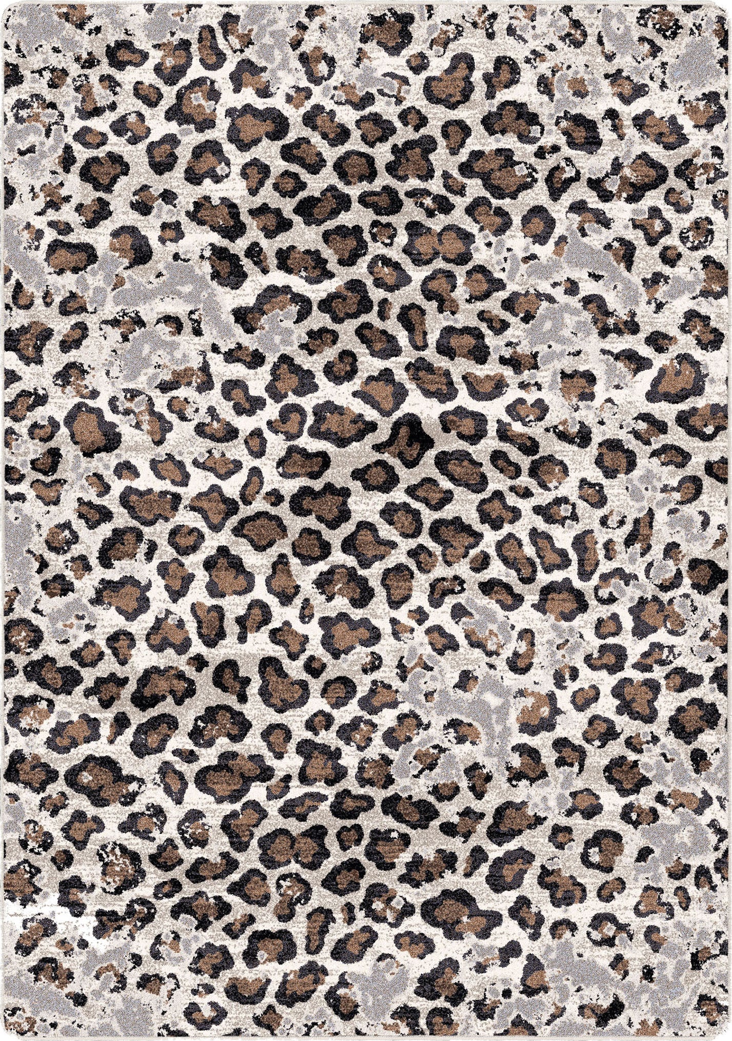 Leopard print rug with brown and black spots on a light gray background