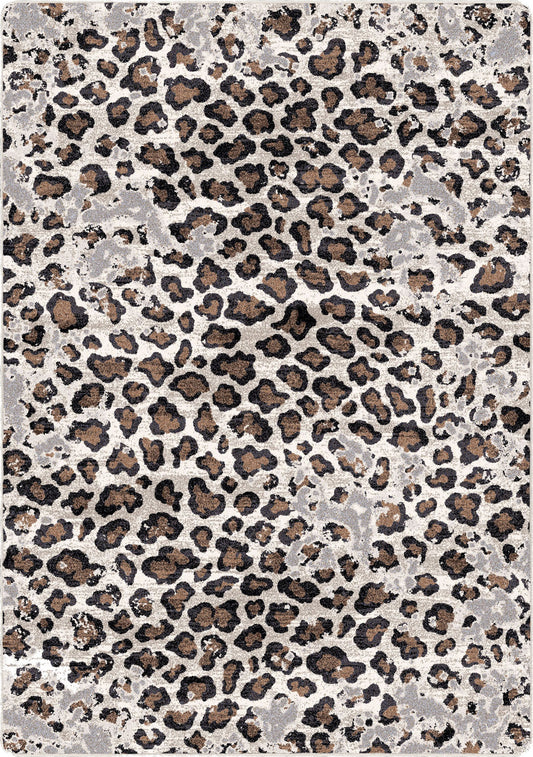 Leopard print rug with brown and black spots on a light gray background