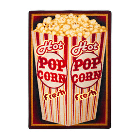 Double Butter rug featuring a vintage-style popcorn bucket design with red stripes and golden kernels, perfect for movie night decor
