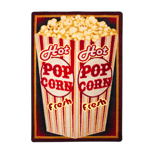 Double Butter rug featuring a vintage-style popcorn bucket design with red stripes and golden kernels, perfect for movie night decor