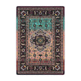Load image into Gallery viewer, 5x8 area rug featuring a central medallion and radiant color shift from deep plum and charcoal to golden amber and jade green—crafted for creative and mystical spaces



