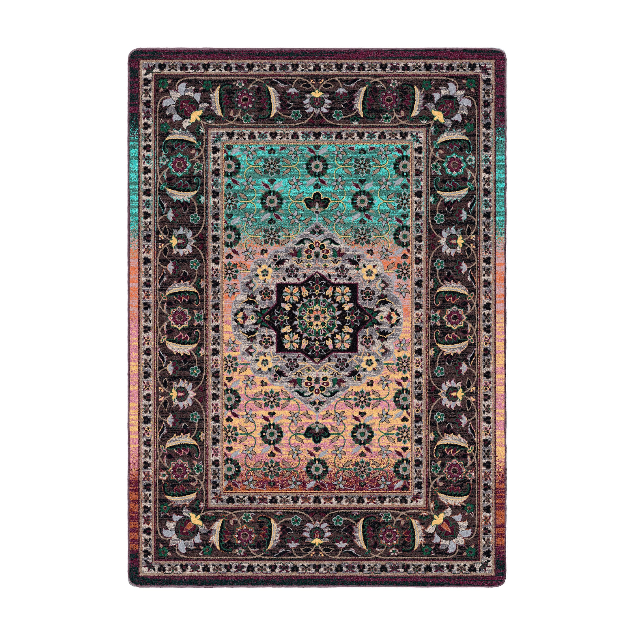 5x8 area rug featuring a central medallion and radiant color shift from deep plum and charcoal to golden amber and jade green—crafted for creative and mystical spaces

