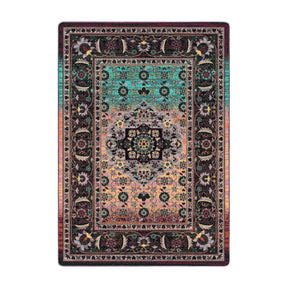 5x8 area rug featuring a central medallion and radiant color shift from deep plum and charcoal to golden amber and jade green—crafted for creative and mystical spaces

