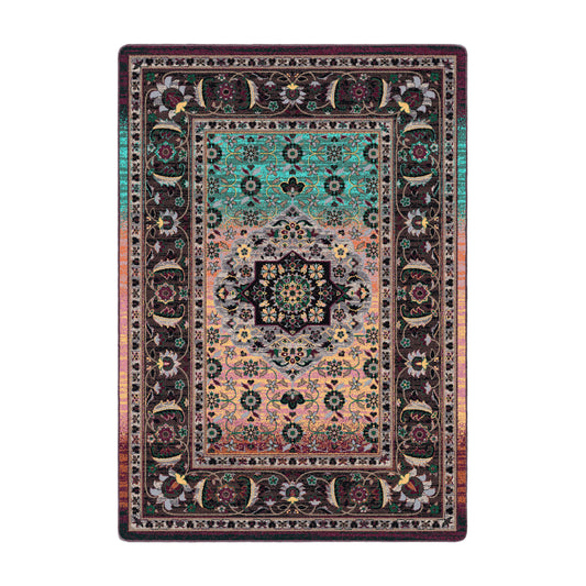 5x8 area rug featuring a central medallion and radiant color shift from deep plum and charcoal to golden amber and jade green—crafted for creative and mystical spaces

