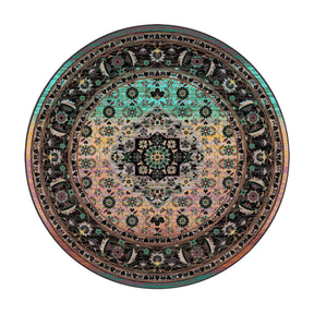 8x8 round version of The Dreamcrafter’s Medallion rug featuring a symmetrical medallion design and a radiant gradient fade from plum to jade