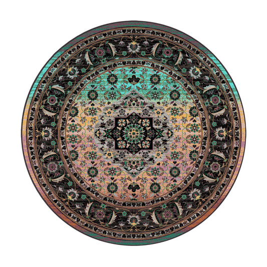 8x8 round version of The Dreamcrafter’s Medallion rug featuring a symmetrical medallion design and a radiant gradient fade from plum to jade
