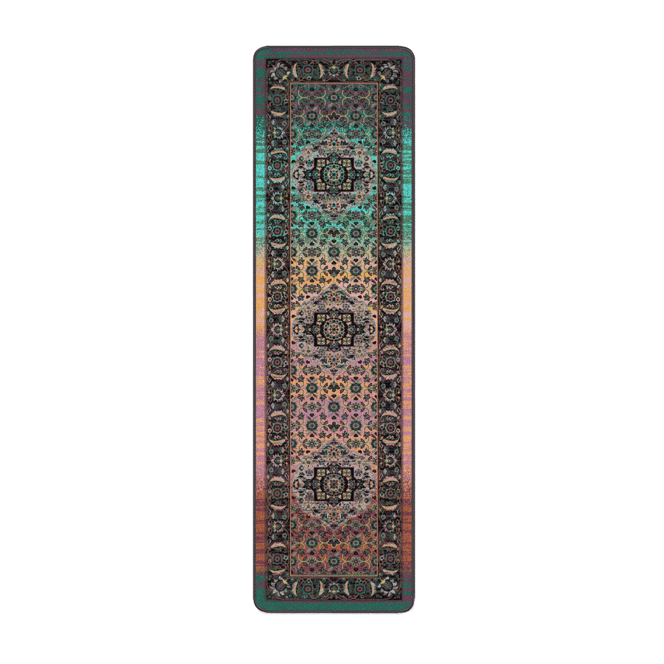 2x8 runner version of The Dreamcrafter’s Medallion rug with a vertical medallion layout and color shift from deep violet to golden green, ideal for hallways or narrow spaces


