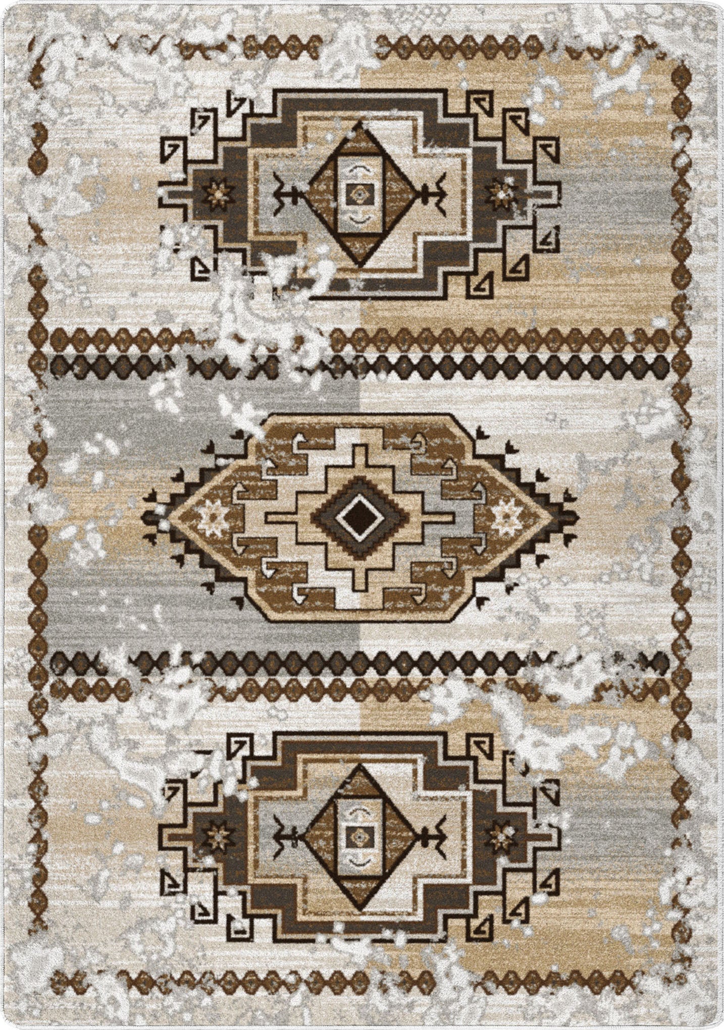 Rug with geometric pattern in brown and beige on a textured background