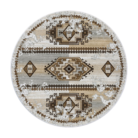 8x8 round version of The Driftmarch Rug with centered tribal medallion and desert-inspired color palette