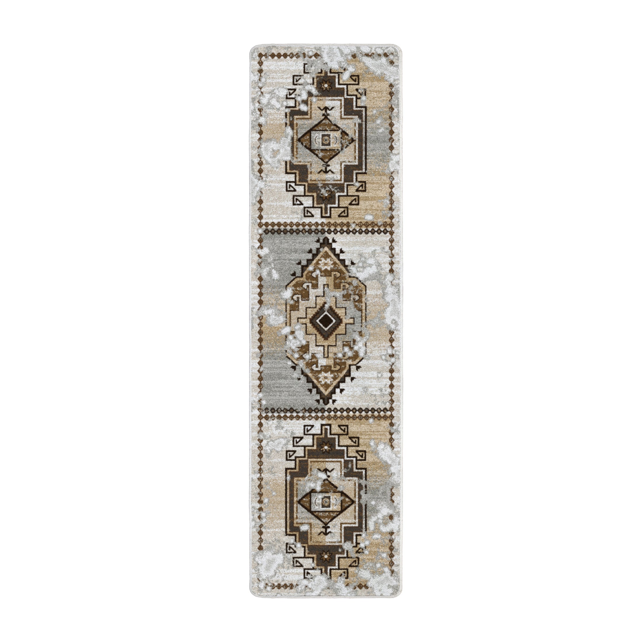 2x8 runner version of The Driftmarch Rug with elongated tribal pattern in warm tans and soft gray—perfect for narrow spaces

