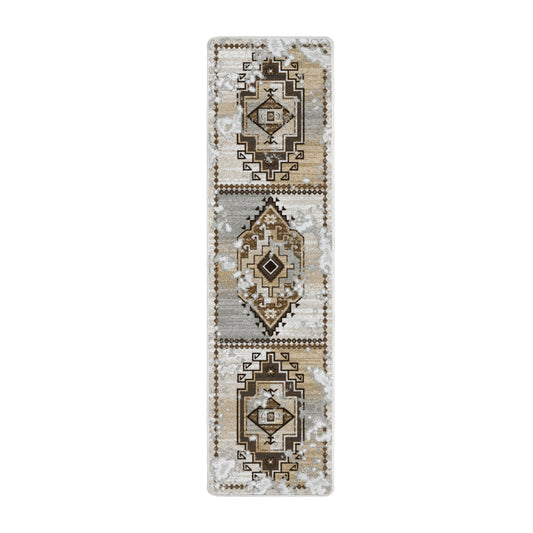 2x8 runner version of The Driftmarch Rug with elongated tribal pattern in warm tans and soft gray—perfect for narrow spaces

