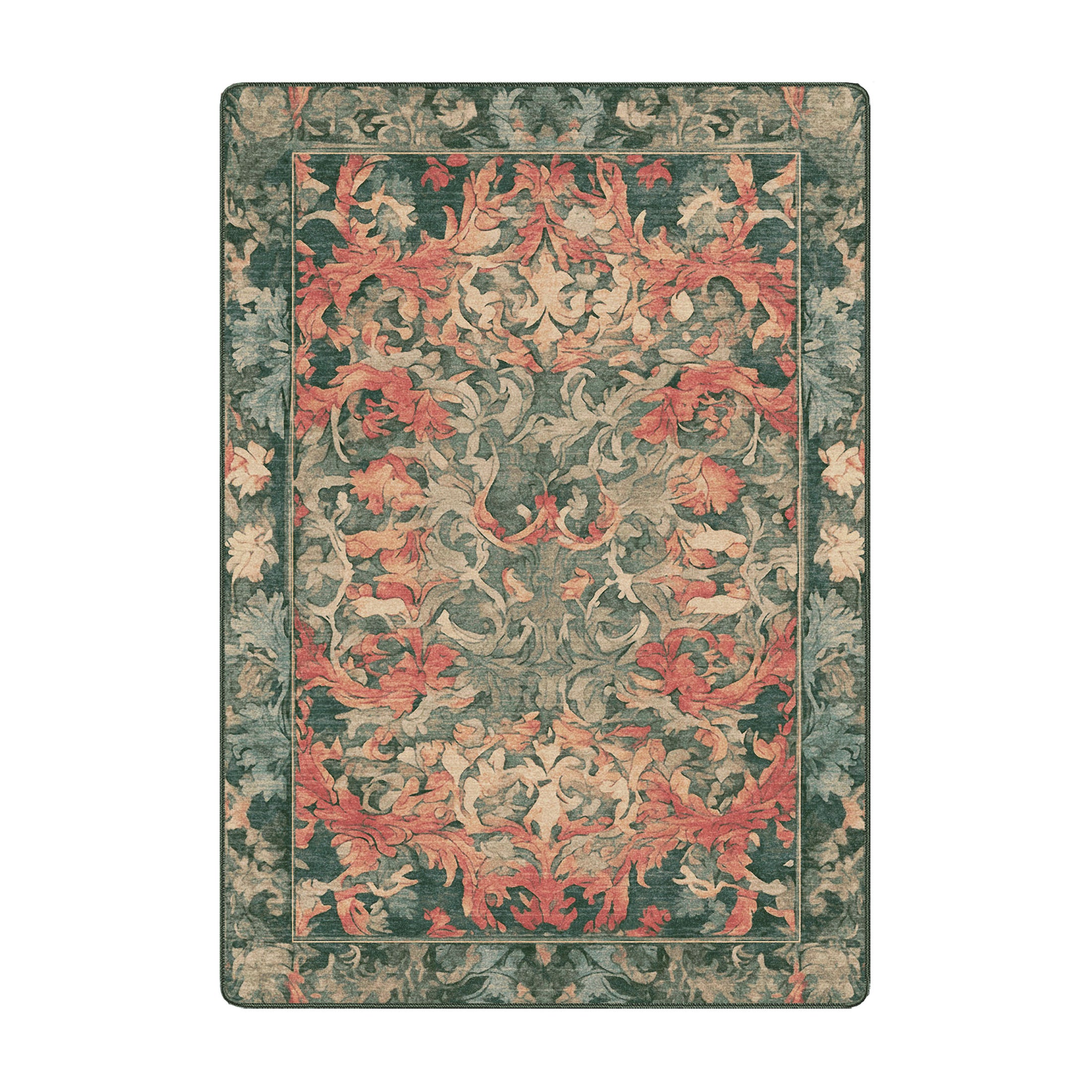 5x8 area rug with a faded symmetrical foliage pattern in soft green, coral, and parchment tones, inspired by springtime in an ancient forest