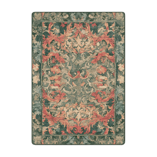 5x8 area rug with a faded symmetrical foliage pattern in soft green, coral, and parchment tones, inspired by springtime in an ancient forest
