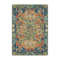 Load image into Gallery viewer, 5x8 area rug with a vibrant symmetrical foliage pattern in deep green, bright orange, and blue, inspired by enchanted forests in full summer bloom


