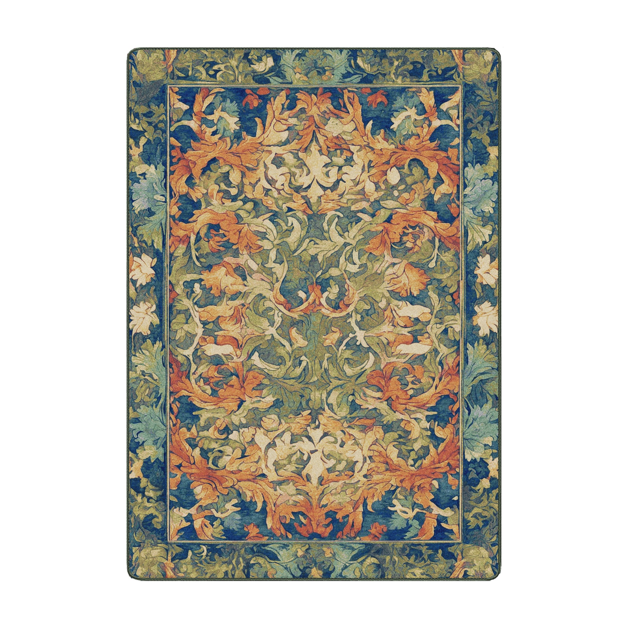 5x8 area rug with a vibrant symmetrical foliage pattern in deep green, bright orange, and blue, inspired by enchanted forests in full summer bloom

