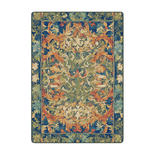 5x8 area rug with a vibrant symmetrical foliage pattern in deep green, bright orange, and blue, inspired by enchanted forests in full summer bloom

