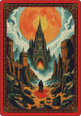 Load image into Gallery viewer, fantasy inspired campain rug for game rooms and ttrpg spaces long figure approaching a castle with a wall of flame
