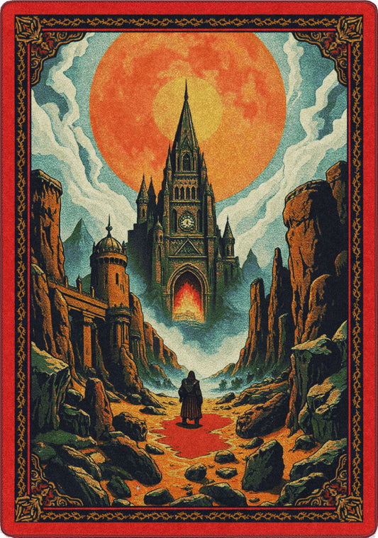 fantasy inspired campain rug for game rooms and ttrpg spaces long figure approaching a castle with a wall of flame