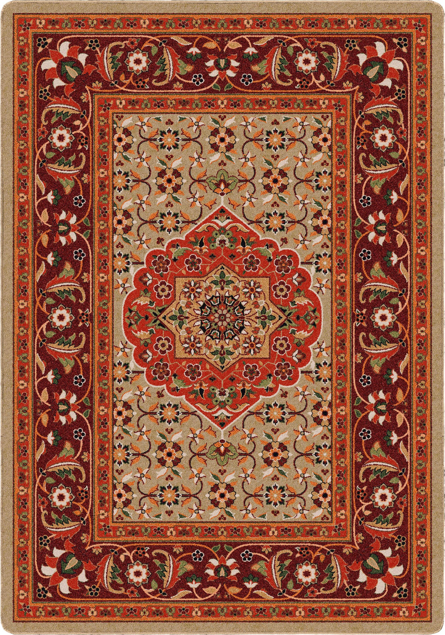 Decorative rug with intricate patterns and colors on a beige background