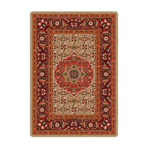 5x8 Flamekeeper’s Medallion rug with a rich crimson background, golden medallion center, and warm floral border details