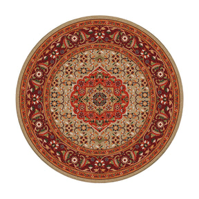 8x8 round Flamekeeper’s Medallion rug with symmetrical medallion pattern in ember, gold, and deep crimson hues