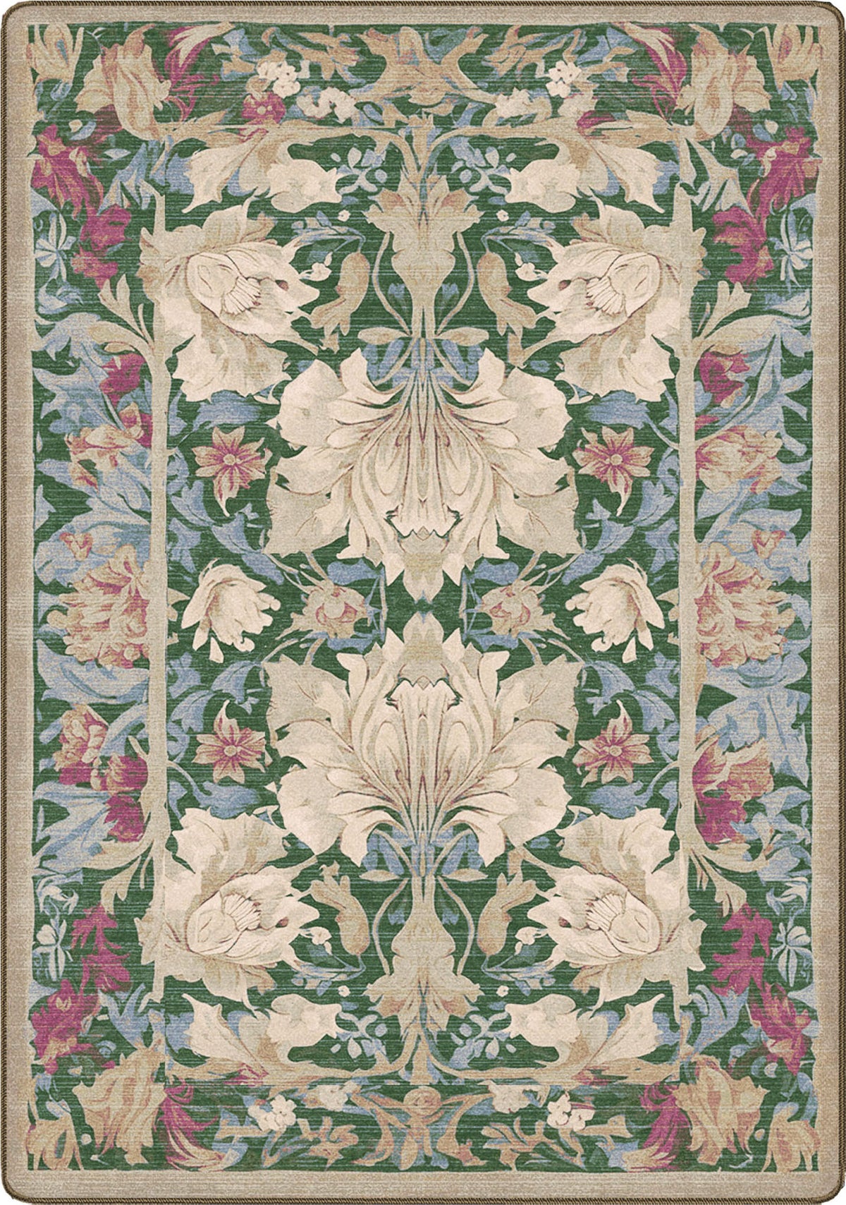 Decorative rug with floral pattern on a green background that feels like it was pulled from a library in the 80s in a reading nook there you can practically smell the card catalog on it