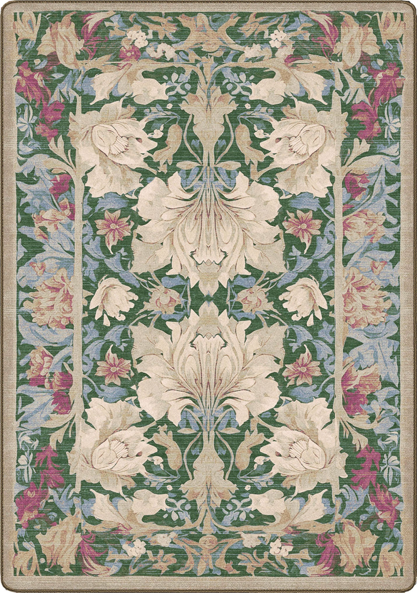 Decorative rug with floral pattern on a green background that feels like it was pulled from a library in the 80s in a reading nook there you can practically smell the card catalog on it