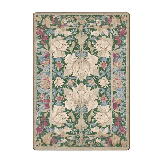 5x8 area rug with a symmetrical vintage floral pattern in green, cream, and plum, inspired by fairytale libraries and botanical elegance