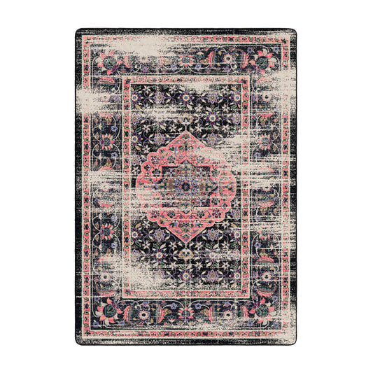  5x8 area rug featuring a soft pink medallion on a black, distressed field with floral scrollwork—The Floromancer’s Medallion evokes magic and bloom
