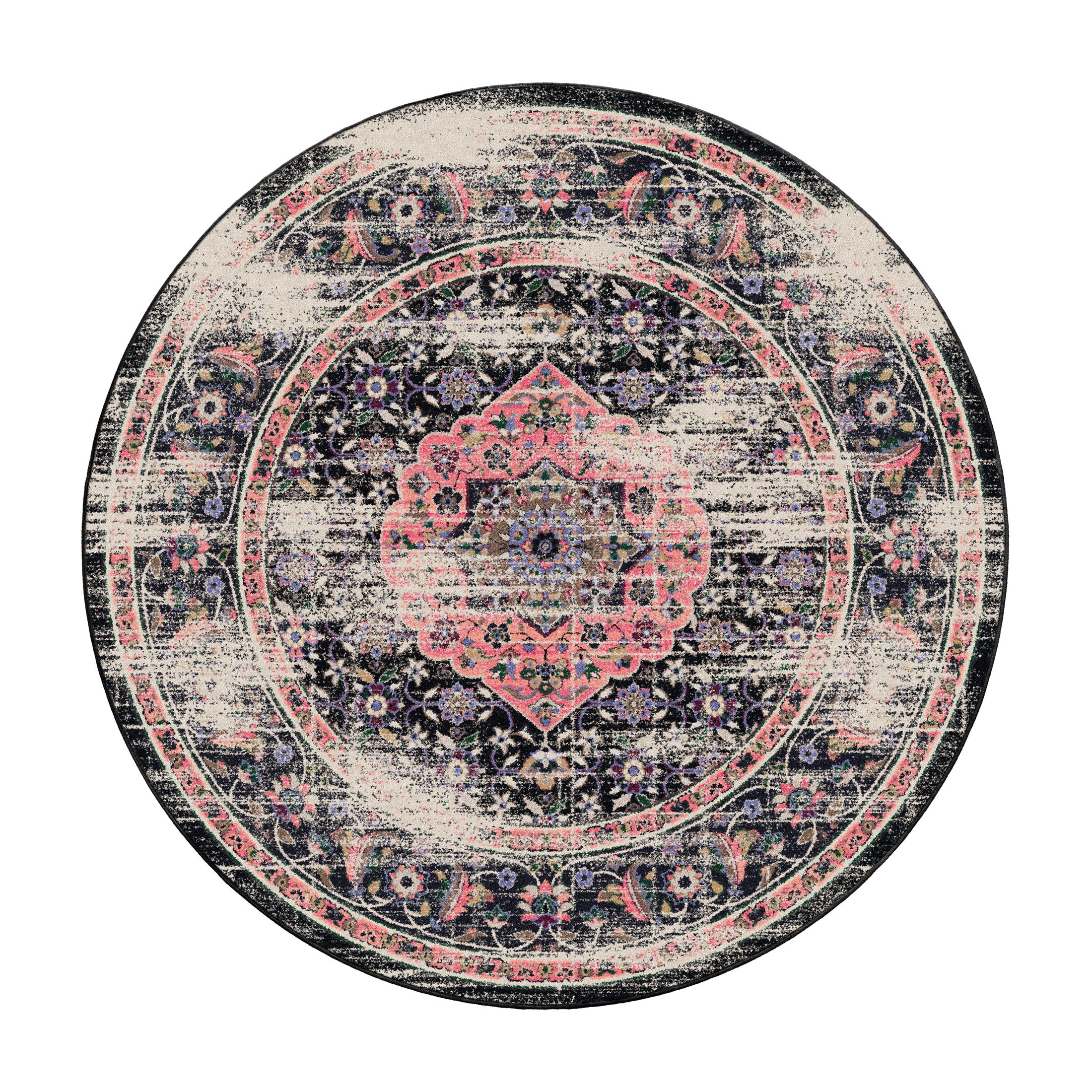 8x8 round version of The Floromancer’s Medallion rug with a symmetrical medallion design in blush pink over a dark, enchanted field
