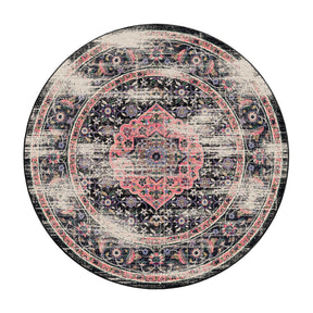 8x8 round version of The Floromancer’s Medallion rug with a symmetrical medallion design in blush pink over a dark, enchanted field
