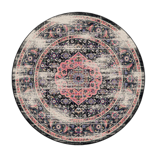 8x8 round version of The Floromancer’s Medallion rug with a symmetrical medallion design in blush pink over a dark, enchanted field
